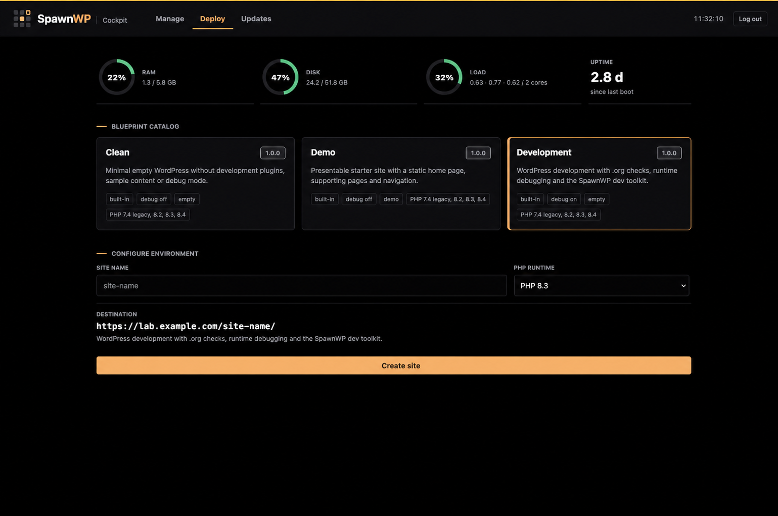 SpawnWP site creation screen with blueprint, PHP runtime and site configuration