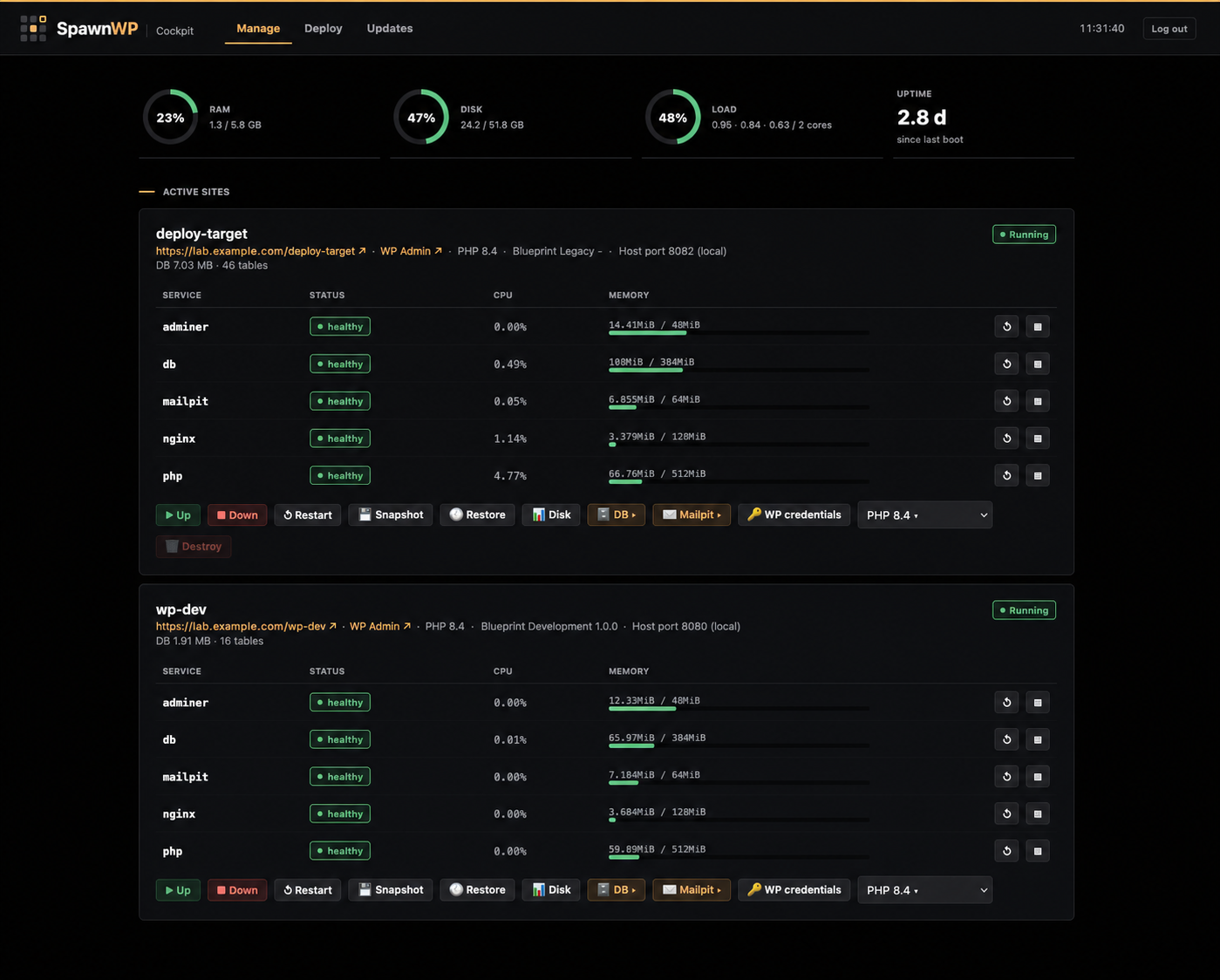 SpawnWP Manage view with isolated WordPress environments and development controls