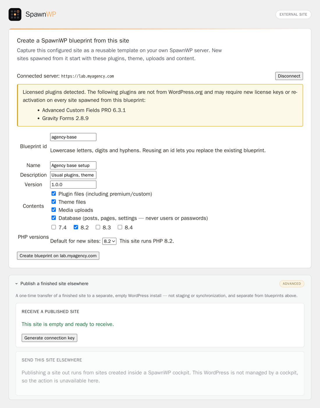 The SpawnWP Deploy plugin on an external site: capture a configured site as a blueprint, with the deploy panel below