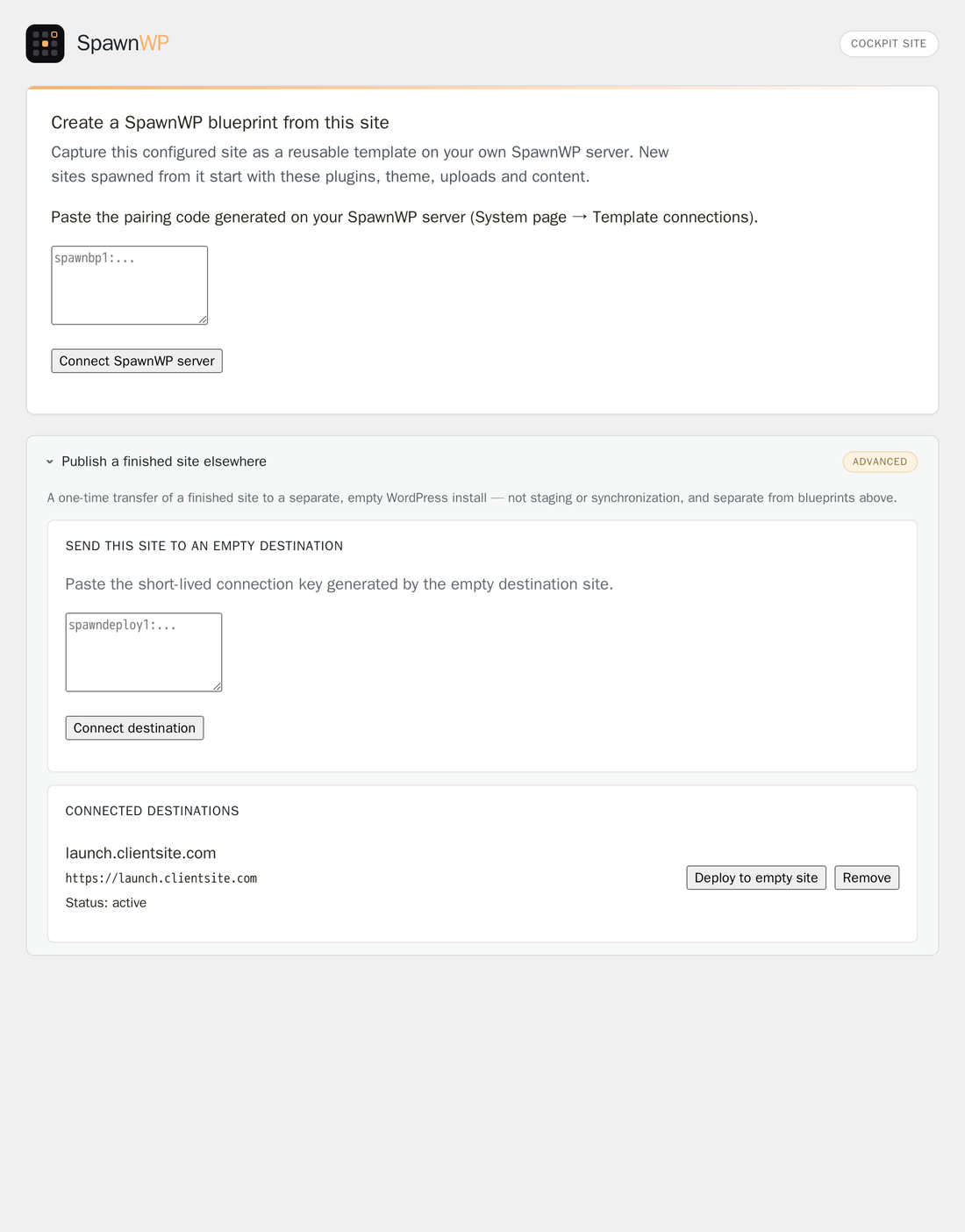 The SpawnWP Deploy plugin inside a SpawnWP cockpit site, ready to publish a finished site out