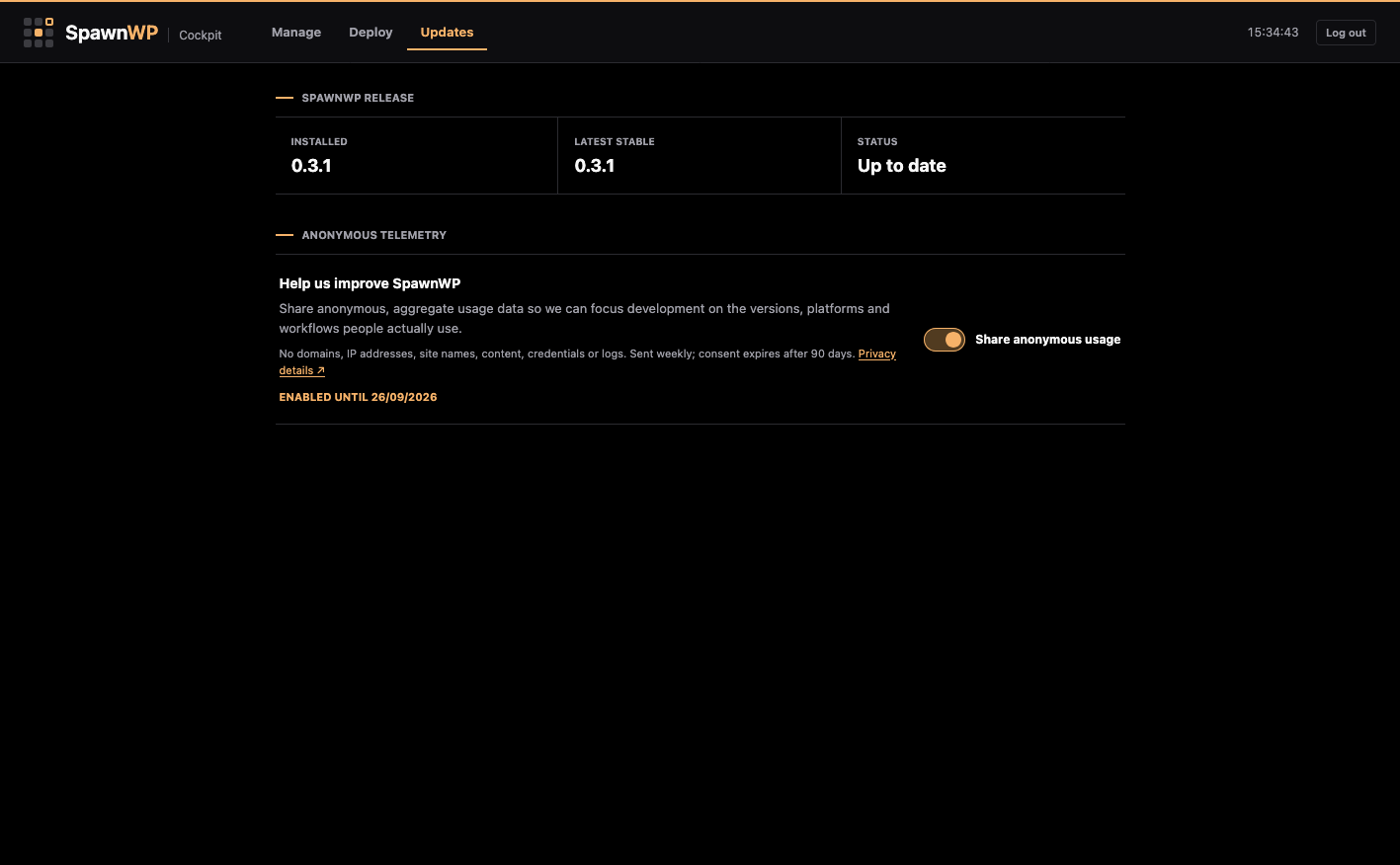 Updates view showing release status and optional anonymous telemetry control